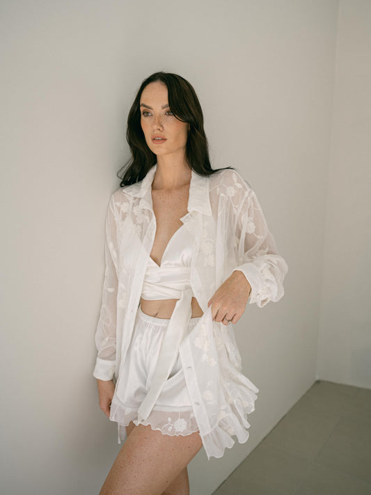 Poésie Dressing Shirt, Shorts & Bralette Set